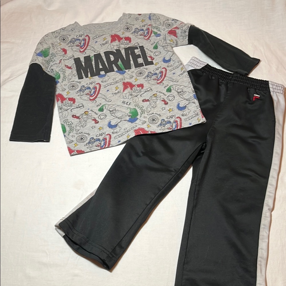 3T Marvel Graphic Long Sleeve Shirt and FILA Black trackpants Set